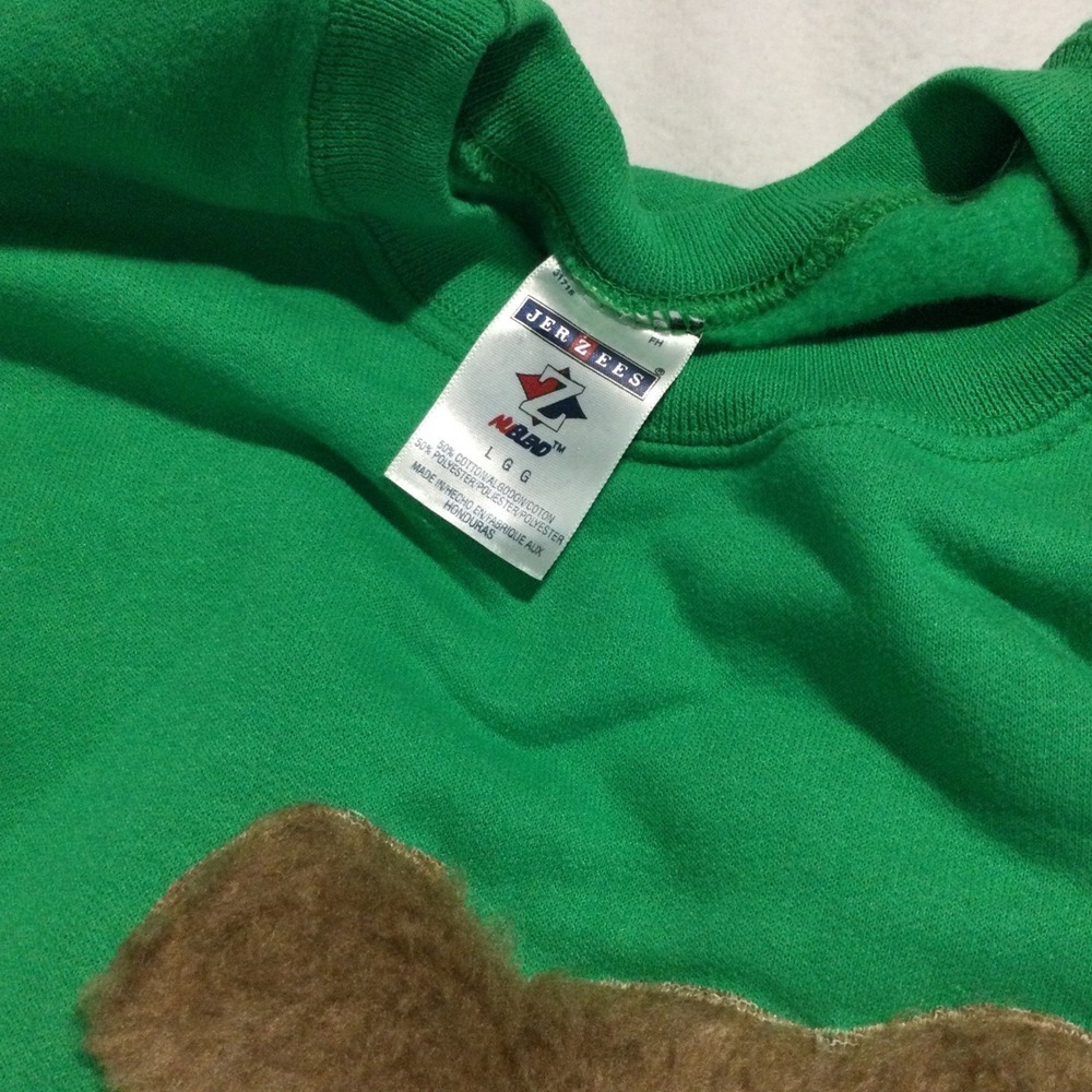Vintage Jerzees Teddy Bear Crewneck Sweatshirt Green Fuzzy Applique 3D size L - Picture 5 of 7